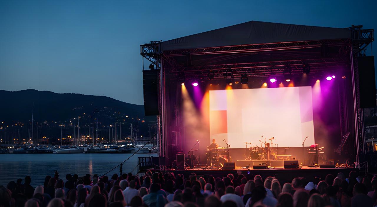 Palco di un concerto sul porto di Loano con backdrop stampato e pubblico serale