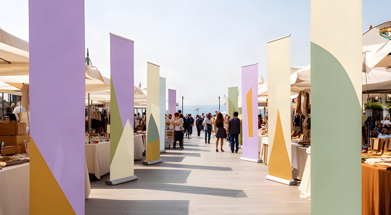 Fiera ligure all'aperto con roll-up, totem e numerazione degli stand