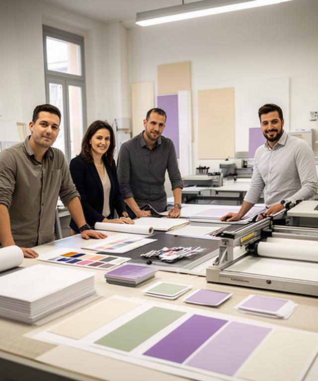 Team di grafici al lavoro nel laboratorio di stampa di Loano tra campioni di carta, pannelli e insegne