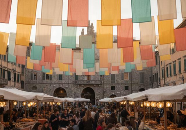 Sagra a Loano con striscioni personalizzati visibili sopra i banchi della piazza