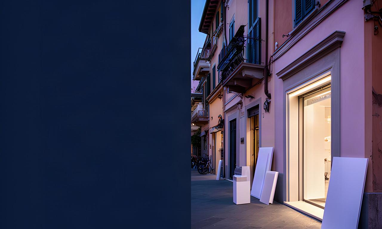 Insegna luminosa di un negozio e materiali stampati esposti in una strada di Loano