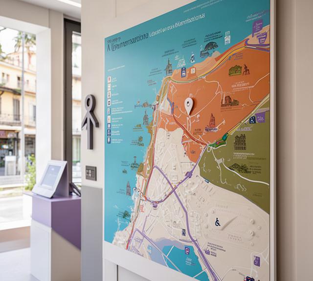 Mappa urbana installata in un info point della Liguria, con indicazione 'Tu sei qui', attrazioni e percorso accessibile