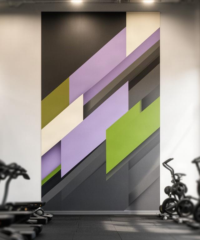 Parete di palestra con pannello motivazionale tipografico e colori coordinati al logo