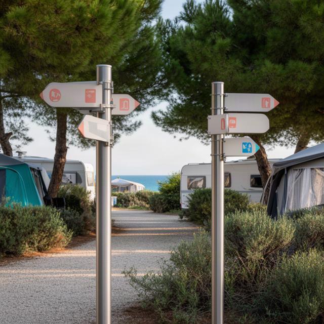 Segnaletica direzionale su pali all'interno di un campeggio ligure vicino alla costa