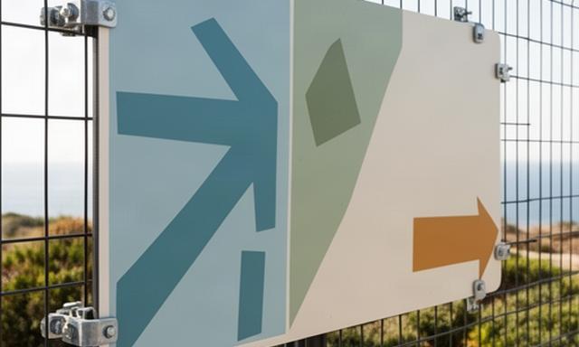 Cartello direzionale fissato a una rete di recinzione in un'area outdoor
