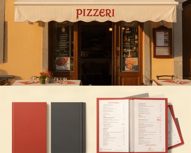 Menù stampati e insegna esterna di una pizzeria sulla Riviera Ligure