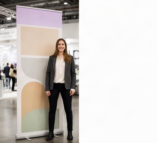 Professionista davanti a un roll-up personalizzato durante una fiera in Liguria