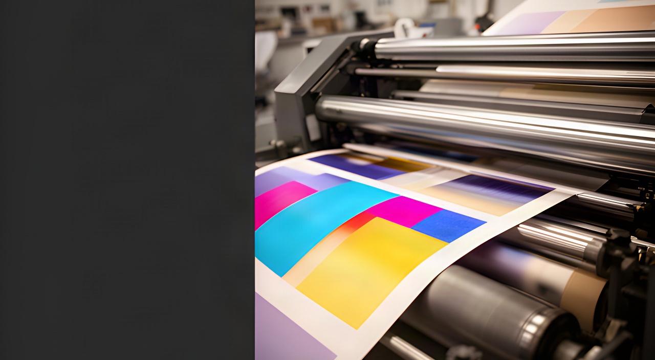 Dettaglio di una macchina da stampa professionale con fogli colorati su carta pregiata a Loano