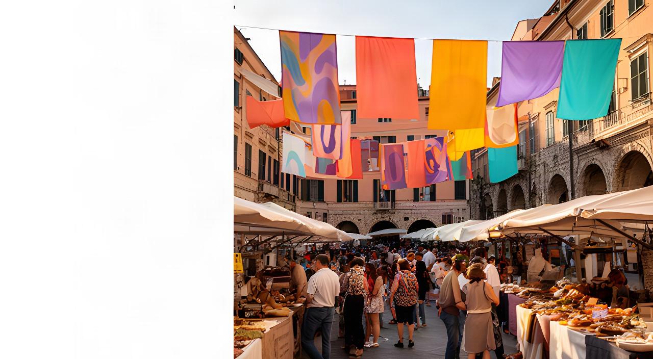 Sagra ligure in piazza a Loano con manifesti colorati e striscioni tra i banchi