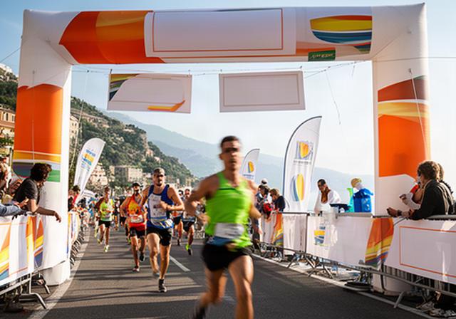 Gara podistica in Liguria con striscioni di partenza e arrivo e pannelli degli sponsor