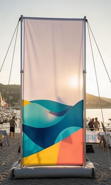 Struttura promozionale con banner durante un evento nautico sul litorale ligure