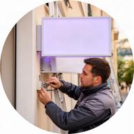 Enguang Cuendet durante l'installazione di una insegna esterna in un'attività della Riviera Ligure